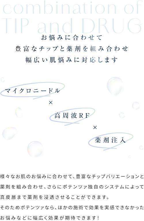 お悩みに合わせて豊富なチップと薬剤を組み合わせ幅広い肌悩みに対応します